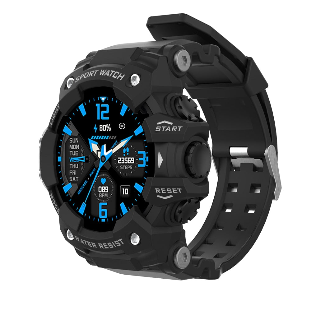 Schwarze Sportuhr, wasserdicht, digital, Fitness-Tracker, robustes Design, blaues Display.