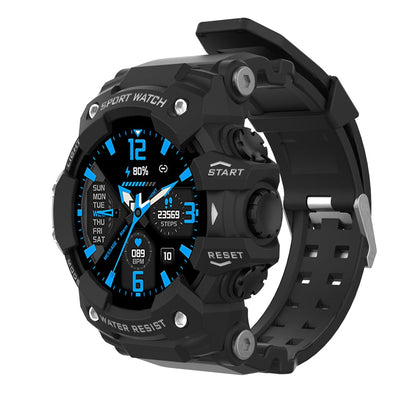Schwarze Sportuhr, wasserdicht, digital, Fitness-Tracker, robustes Design, blaues Display.