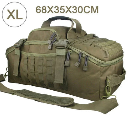 XL olivgrüne taktische Reisetasche, 68x35x30cm, mit mehreren Reißverschlusstaschen und Griffen.