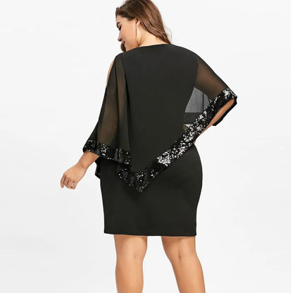 Schwarzes Paillettenkleid mit transparentem Umhang, elegantes Abendkleid für Damen.