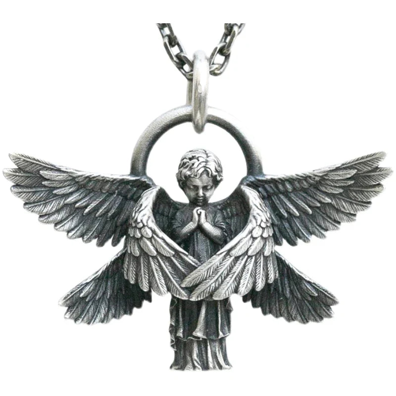Silberner Engelsanhänger mit Flügeln, Gebetskette, Schmuck, Vintage-Stil, Geschenkidee.