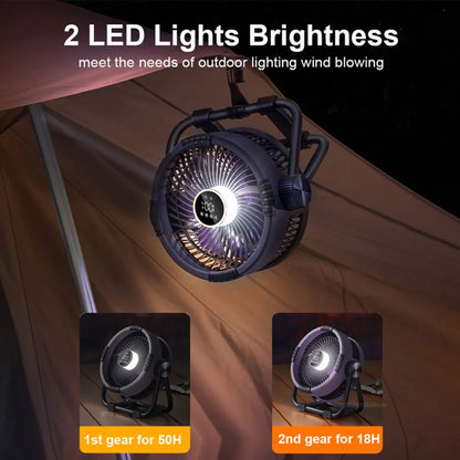 Campingfläkt med 20 000 mAh batteri, LED-ljus & fjärrkontroll – WindMate