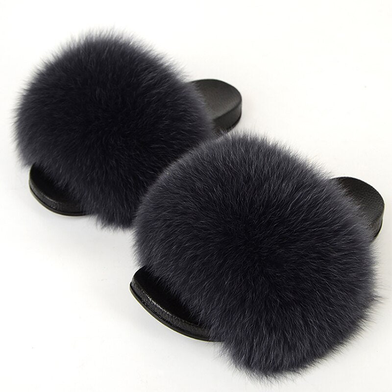 Schwarze Pelz-Pantoffeln, flauschig, Damen, modisch, bequem, rutschfest, Indoor-Slipper.