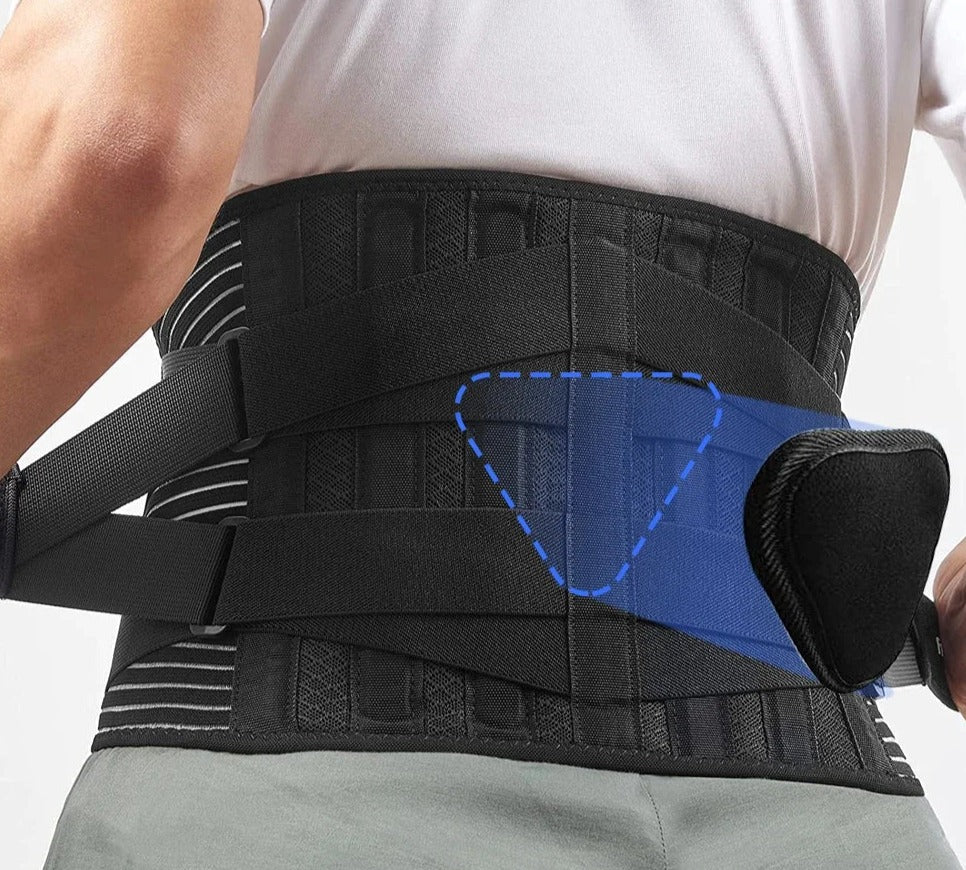 Schwarzer Rückenstützgürtel mit Klettverschluss, ergonomisch, für Lendenwirbelsäule, Unisex.