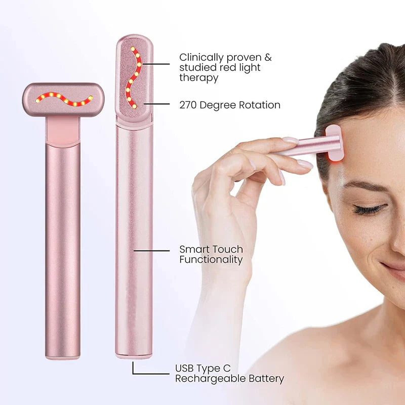 Rosa LED-Gesichtsmassagegerät, rotes Licht, USB-C, 270° drehbar, Smart-Touch-Funktion.