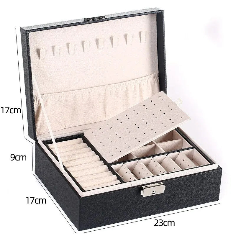 Schwarze Schmuckbox aus Leder mit Fächern und Ringhaltern, 23x17x9 cm, Organizer für Schmuck.
