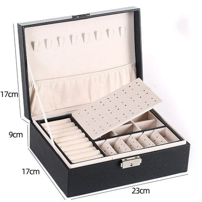 Schwarze Schmuckbox aus Leder mit Fächern und Ringhaltern, 23x17x9 cm, Organizer für Schmuck.
