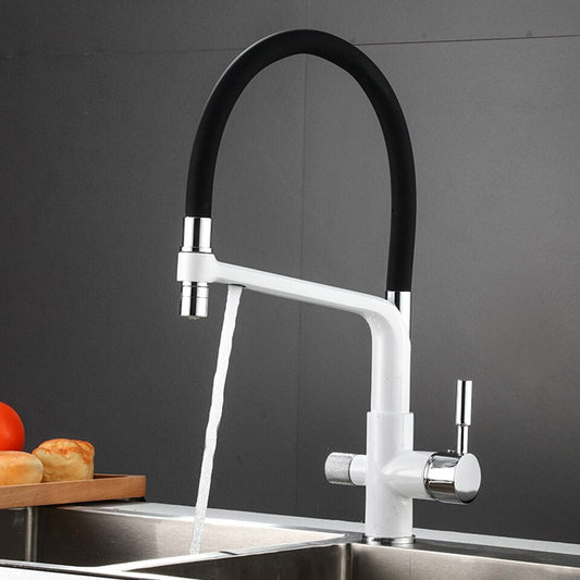 Moderne Küchenarmatur, schwarz-weiß, Edelstahl, Wasserhahn, flexibel, drehbar, Spültischarmatur.