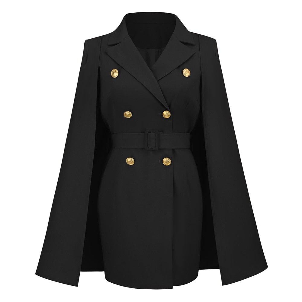 Schwarzer Damen-Cape-Blazer mit goldenen Knöpfen, elegantes Design, modische Oberbekleidung.
