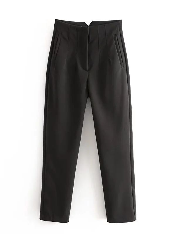 Schwarze Damenhose, elegant, gerade geschnitten, mit Falten, ideal für Büro oder formelle Anlässe.