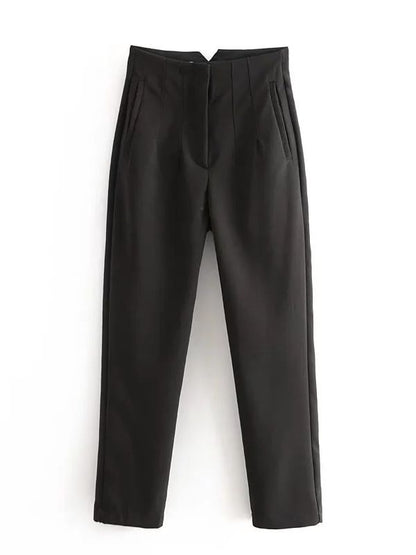 Schwarze Damenhose, elegant, gerade geschnitten, mit Falten, ideal für Büro oder formelle Anlässe.