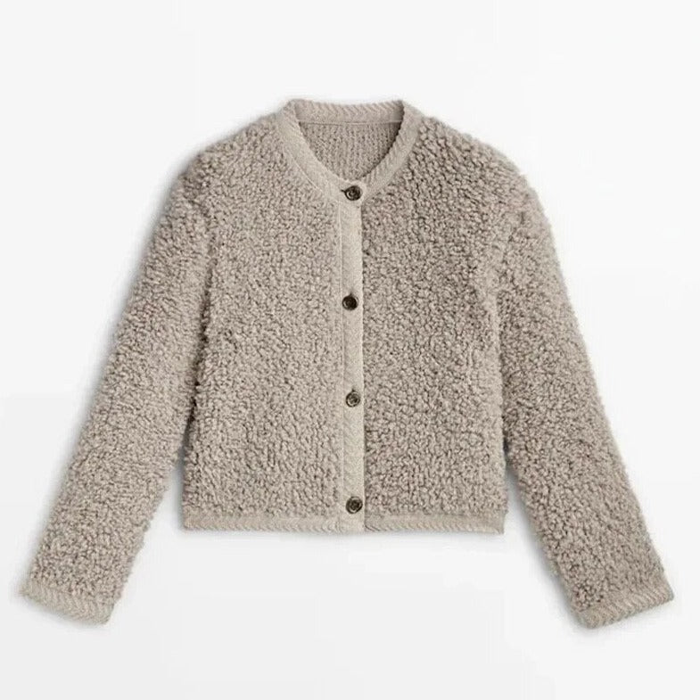 Beige Damen-Strickjacke aus Fleece, Knopfleiste, warm, modisch, Herbst-Winter-Bekleidung.
