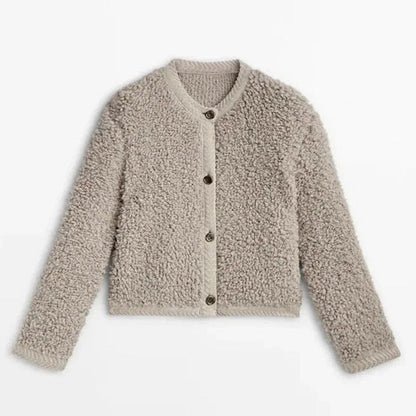 Beige Damen-Strickjacke aus Fleece, Knopfleiste, warm, modisch, Herbst-Winter-Bekleidung.