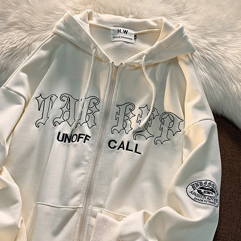 Weiße Kapuzenjacke mit Reißverschluss, Aufschrift "UNOFF CALL", modisch, Baumwolle.