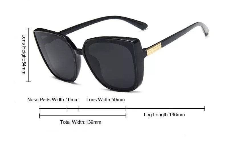 Schwarze Sonnenbrille, quadratische Gläser, UV-Schutz, modisch, Damen, Maße angegeben.