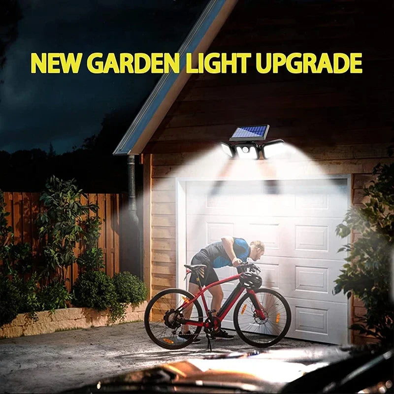 Solarbetriebene LED-Außenleuchte, beleuchtet Garage, energiesparend, wetterfest, modern.