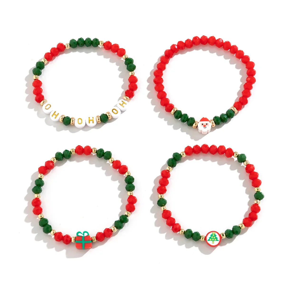 Vier bunte Weihnachtsarmbänder mit Perlen, Rot-Grün, mit Santa- und Geschenk-Designs.