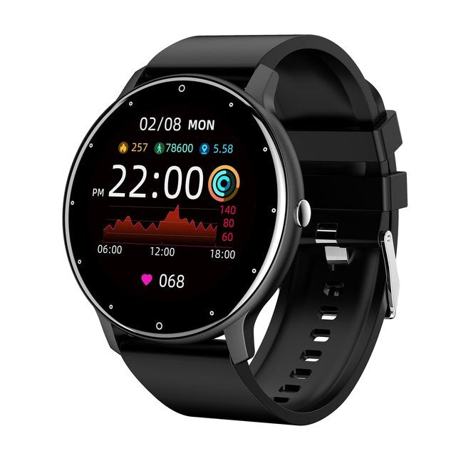 Schwarze Smartwatch mit rundem Display, Fitness-Tracker, Herzfrequenzmesser, Datum und Uhrzeit.