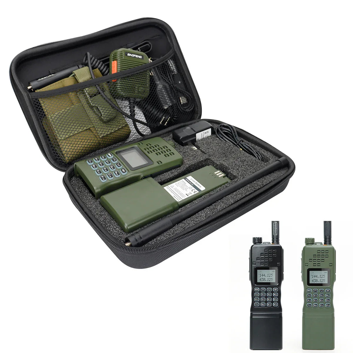 Grünes tragbares Funkgerät im Etui, militärischer Stil, mit Zubehör, kompakt und robust.