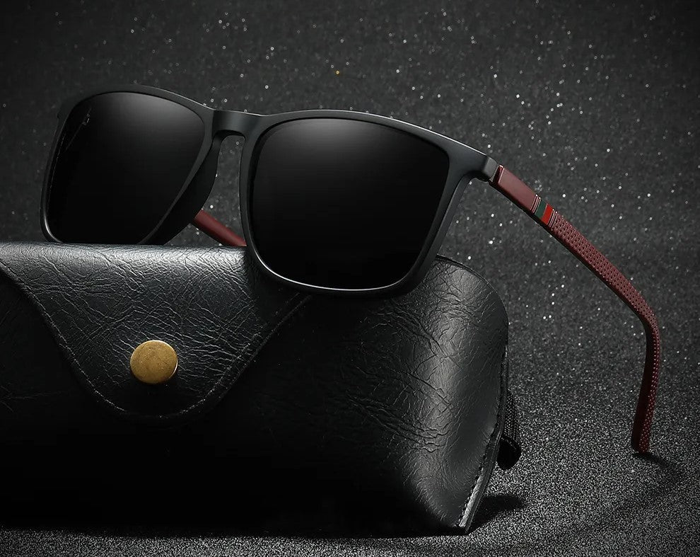 Schwarze Sonnenbrille mit braunen Bügeln auf schwarzem Etui, modisch, UV-Schutz.