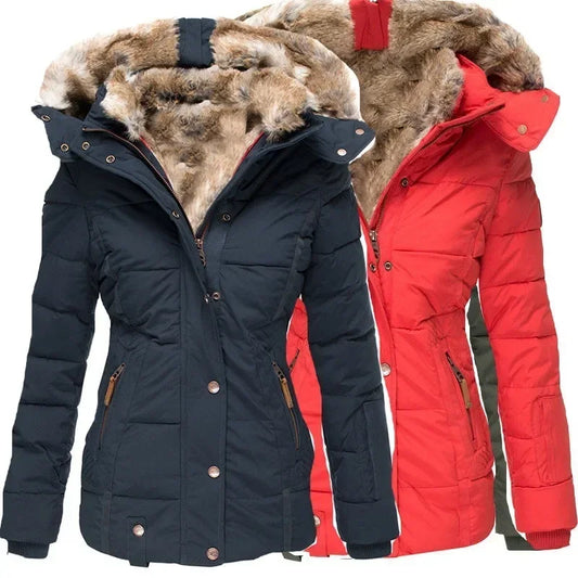 Två parkas bredvid varandra, en marinblå och en röd, med fuskpälsfodrade huvor och tryckknappar framtill. 2