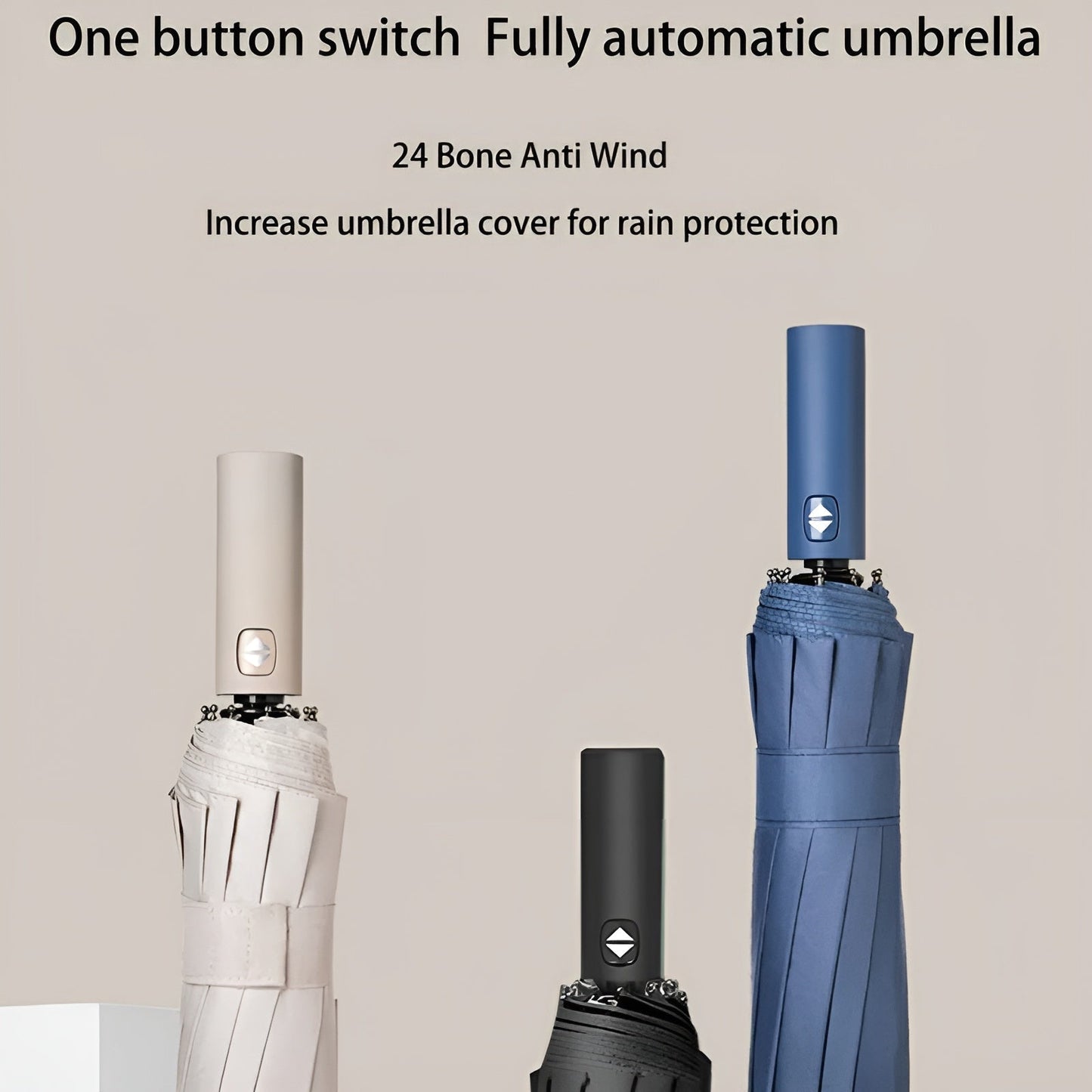 Drei vollautomatische Regenschirme, beige, schwarz, blau, mit Ein-Knopf-Mechanismus.