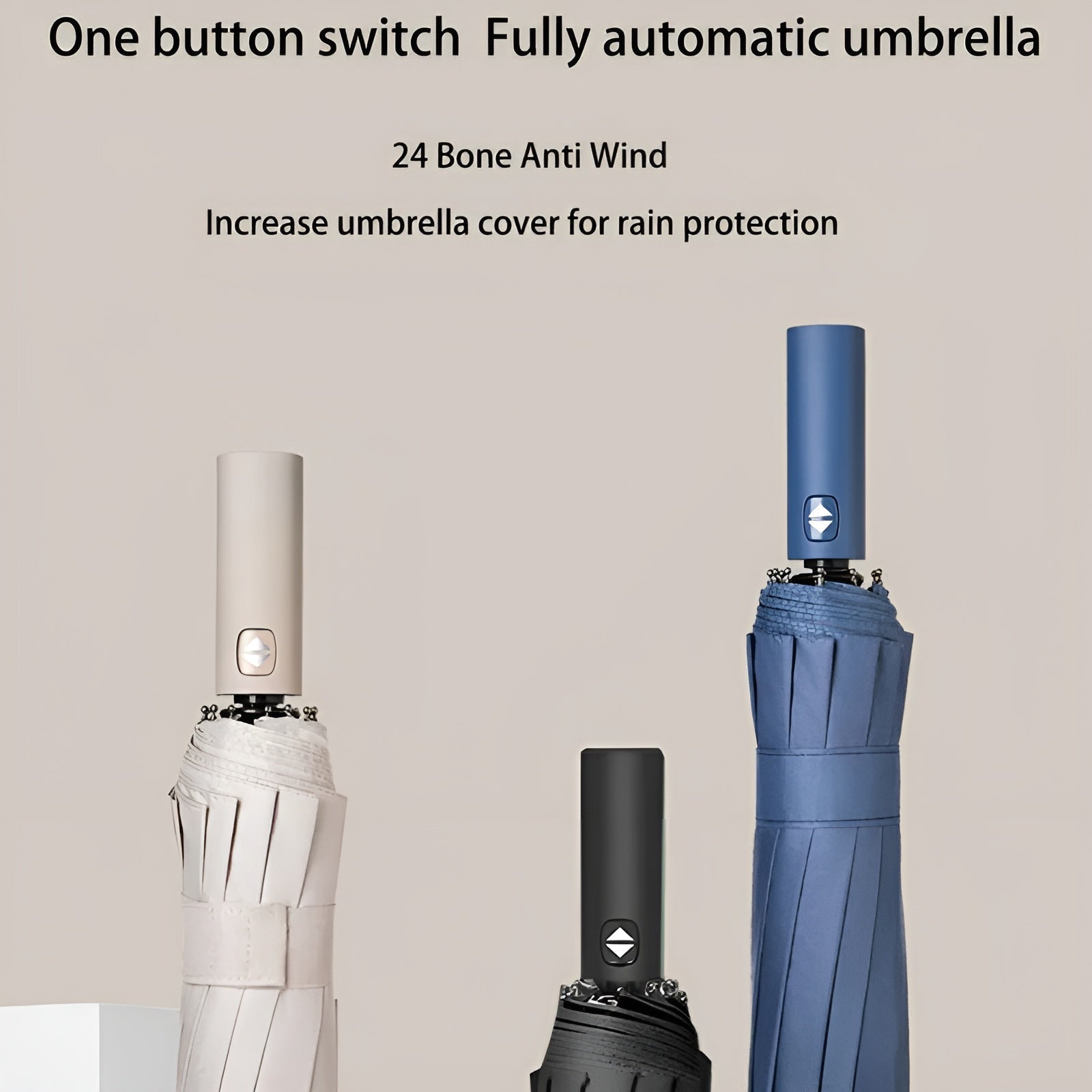 Drei vollautomatische Regenschirme, beige, schwarz, blau, mit Ein-Knopf-Mechanismus.