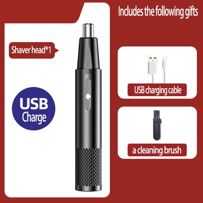 Schwarzer Nasenhaarschneider, USB-aufladbar, mit Zubehör: Scherkopf, Ladekabel, Reinigungsbürste.