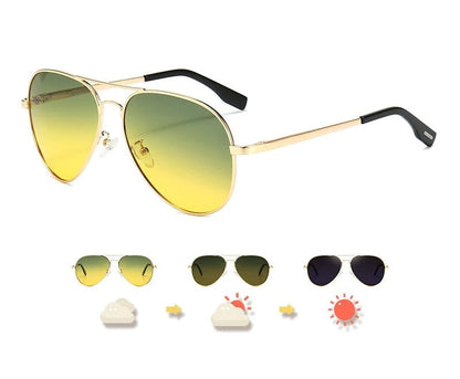Sonnenbrille mit gelb-grünen Gläsern, UV-Schutz, goldfarbenes Gestell, photochromatisch.