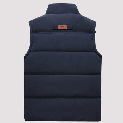 Dunkelblaue Herren-Steppweste, ärmellos, mit Stehkragen, ideal für Herbst und Winter.