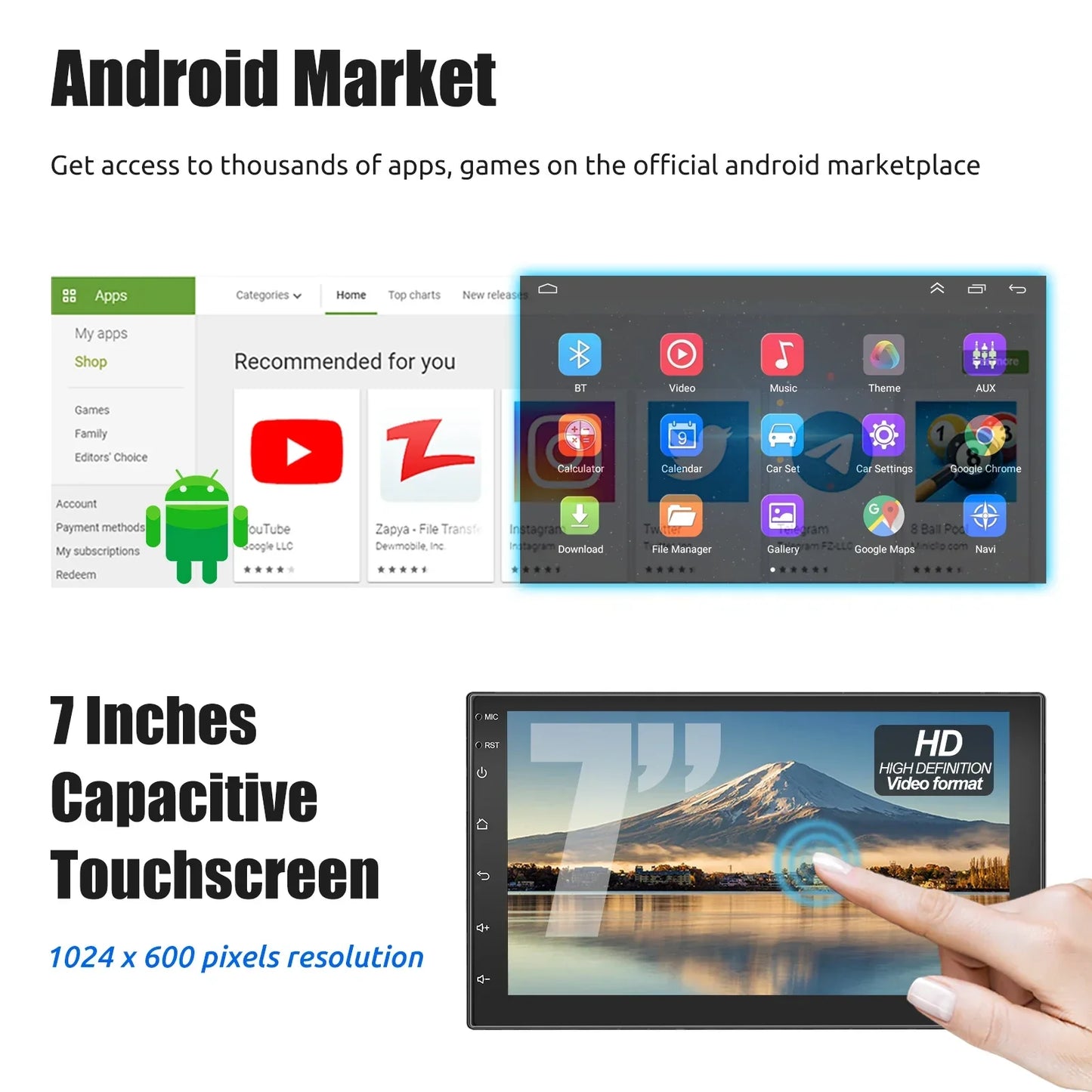 Universell Android-bilstereo med pekskärm, GPS och trådlös CarPlay