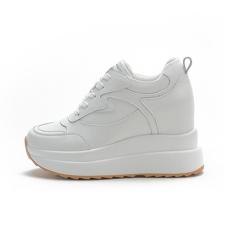 Weiße Plateau-Sneaker Damen, Kunstleder, modisch, rutschfeste Sohle, sportlich, bequem.