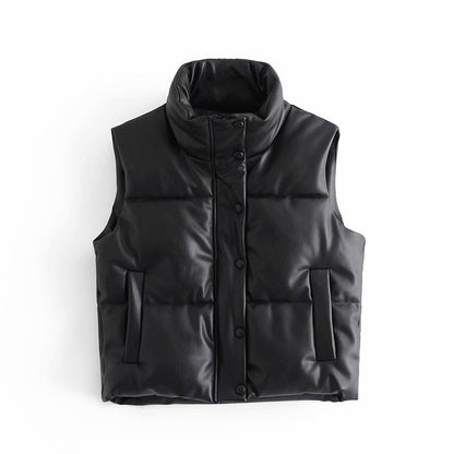 Schwarze gesteppte Weste, ärmellos, mit Knöpfen, modisch, warm, für Herbst und Winter.