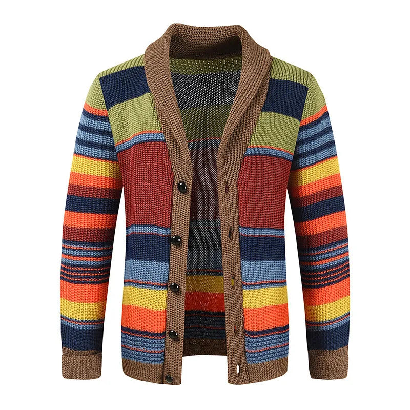 Herrcardigan i stickat med colourblock och geometriskt mönster – Leandro