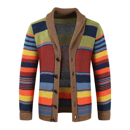 Herrcardigan i stickat med colourblock och geometriskt mönster – Leandro