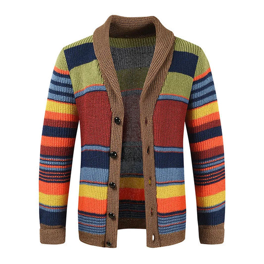 Herrcardigan i stickat med colourblock och geometriskt mönster – Leandro