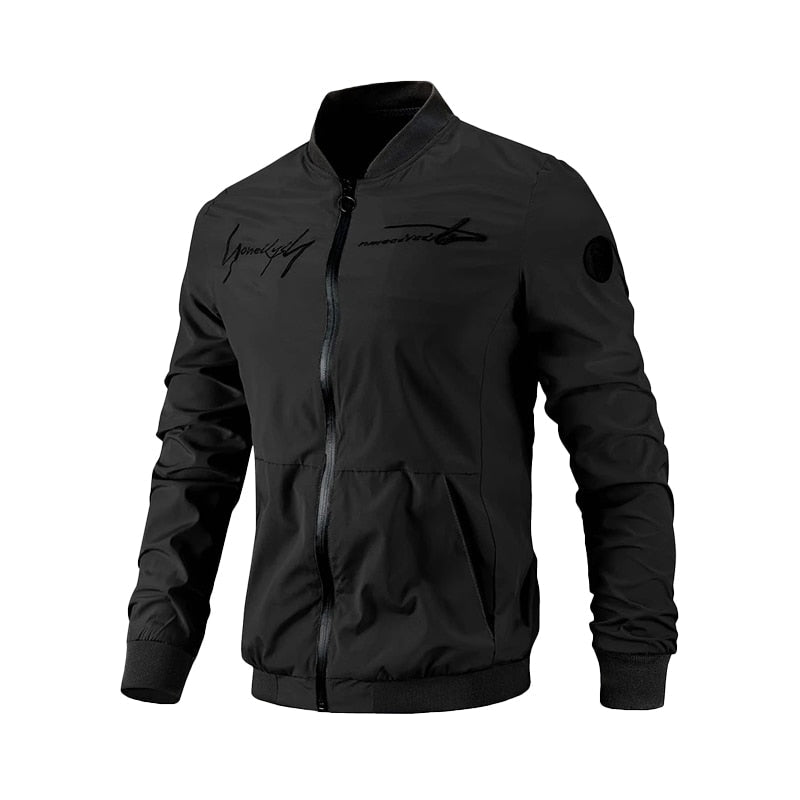 Schwarze Herren-Bomberjacke, Reißverschluss, sportlich, leicht, winddicht, modisch.