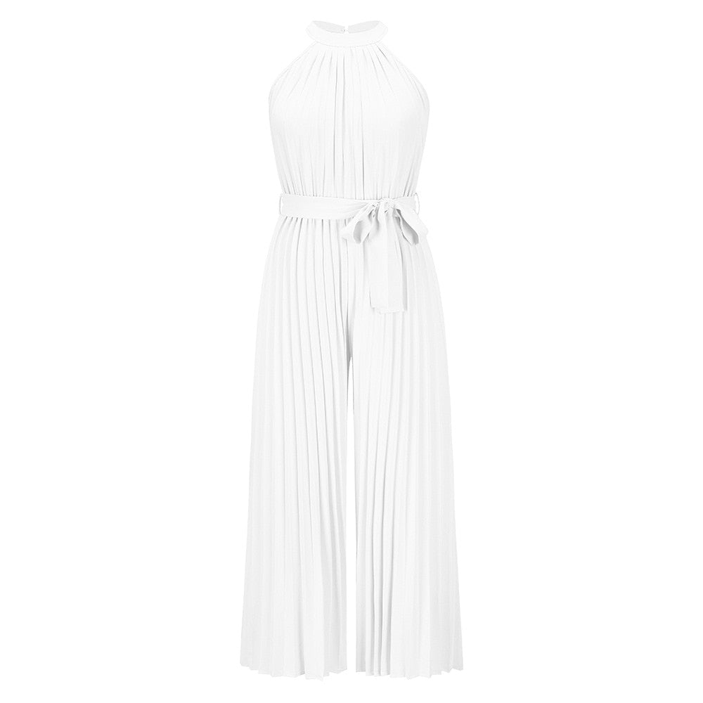 Weißer, ärmelloser Jumpsuit mit Plissee-Design und Taillengürtel für Damenmode.
