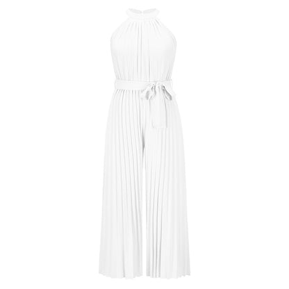 Weißer, ärmelloser Jumpsuit mit Plissee-Design und Taillengürtel für Damenmode.