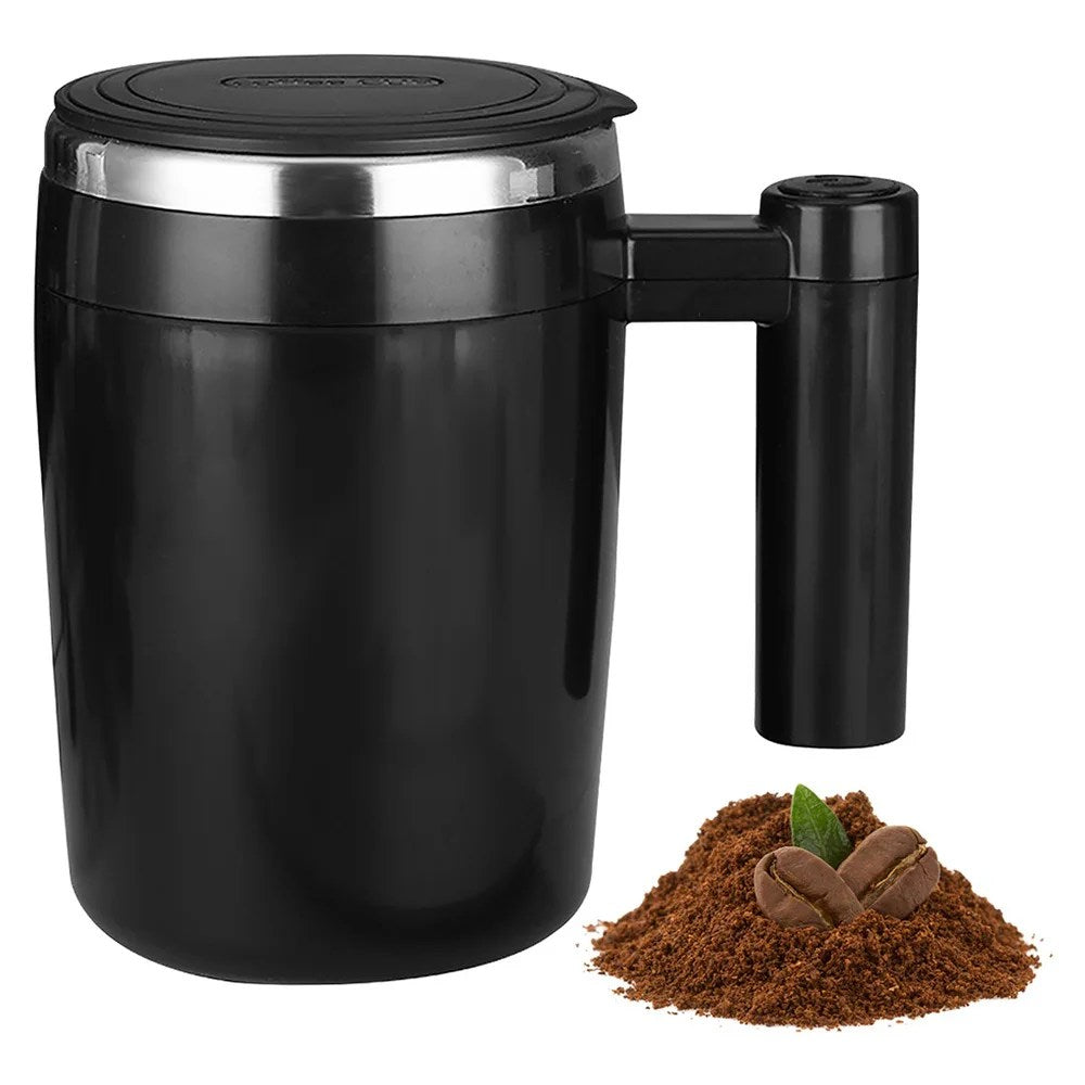 Schwarzer selbstumrührender Kaffeebecher aus Edelstahl, automatisch, wiederaufladbar.