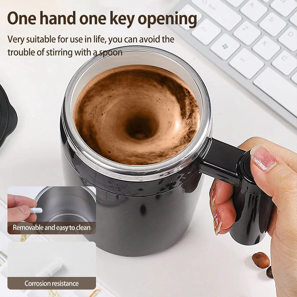 Schwarzer selbstumrührender Kaffeebecher, Edelstahl, wiederaufladbar, automatisches Rühren.
