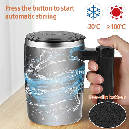 Selbstumrührender Kaffeebecher, Edelstahl, schwarz, automatisch, wiederaufladbar, rutschfester Boden.
