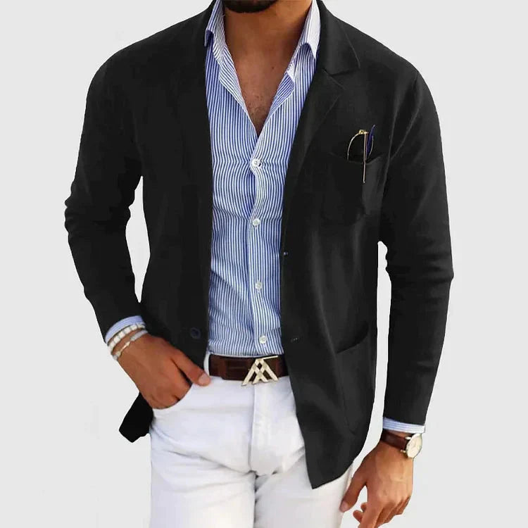 Schwarzer Herrenblazer mit Reverskragen, Knopfdetails, lässig, elegant, modisch.