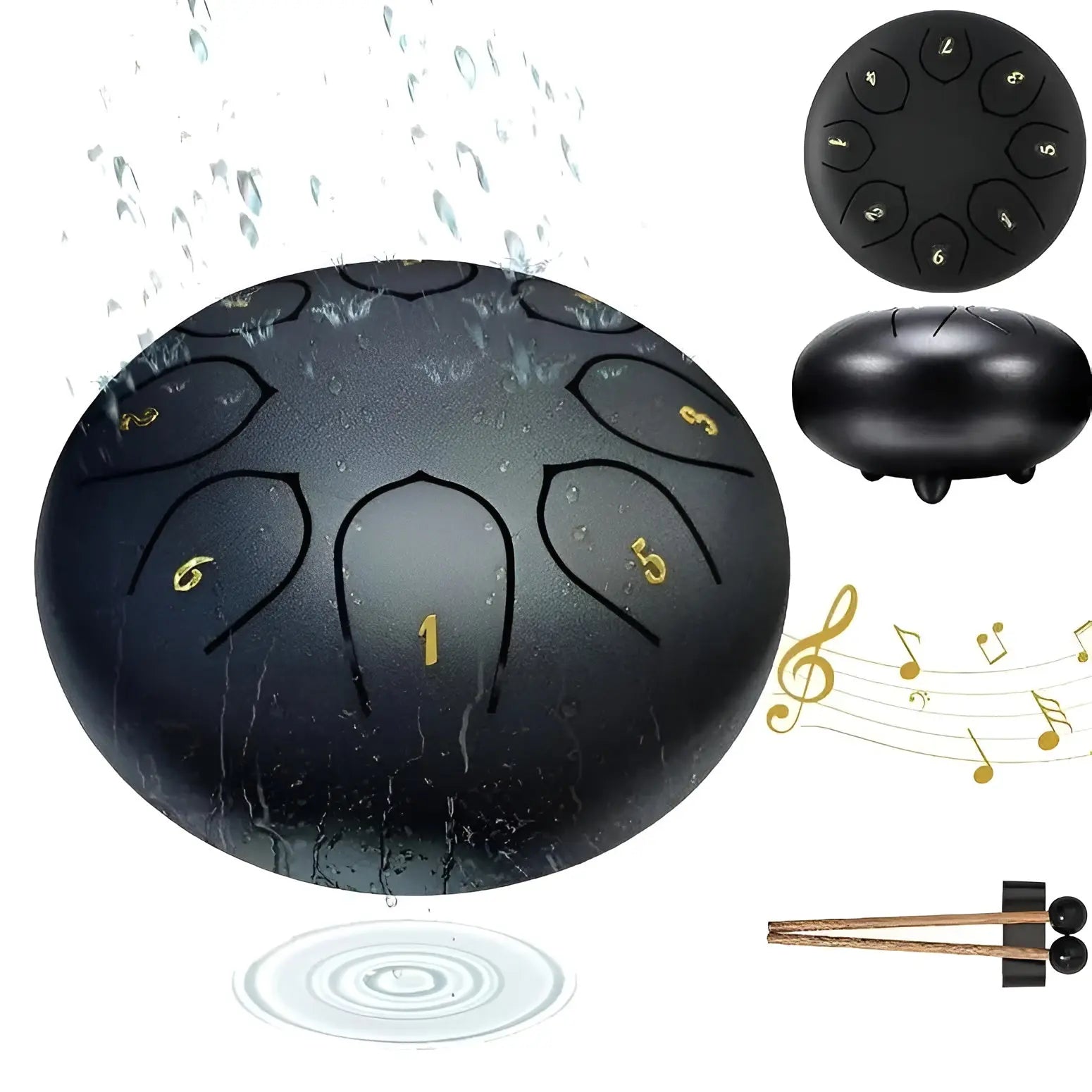 Schwarze Stahlzungentrommel mit Wasser, Noten und Schlägeln, ideal für Outdoor-Musik.