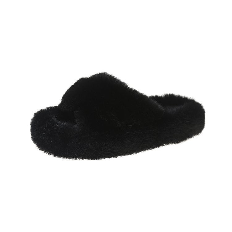 Schwarzer Plüsch-Hausschuh, Damen, flauschig, rutschfest, bequem, Wintermode.