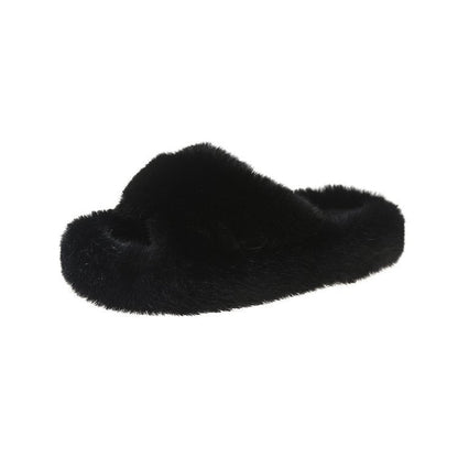 Schwarzer Plüsch-Hausschuh, Damen, flauschig, rutschfest, bequem, Wintermode.