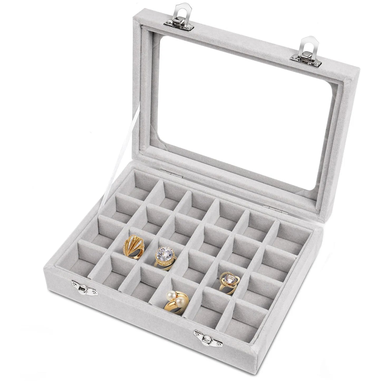Grauer Schmuckkasten mit Glasdeckel, 24 Fächer, enthält goldene Ringe, Aufbewahrung, Organizer.