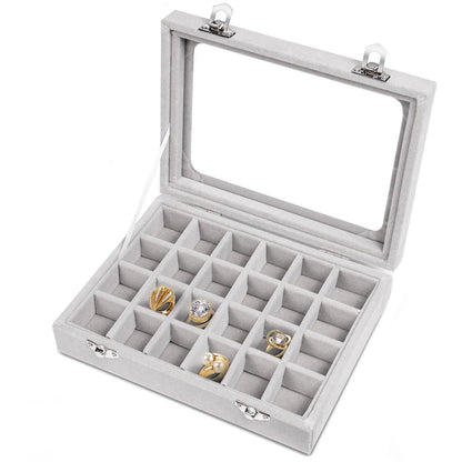 Grauer Schmuckkasten mit Glasdeckel, 24 Fächer, enthält goldene Ringe, Aufbewahrung, Organizer.