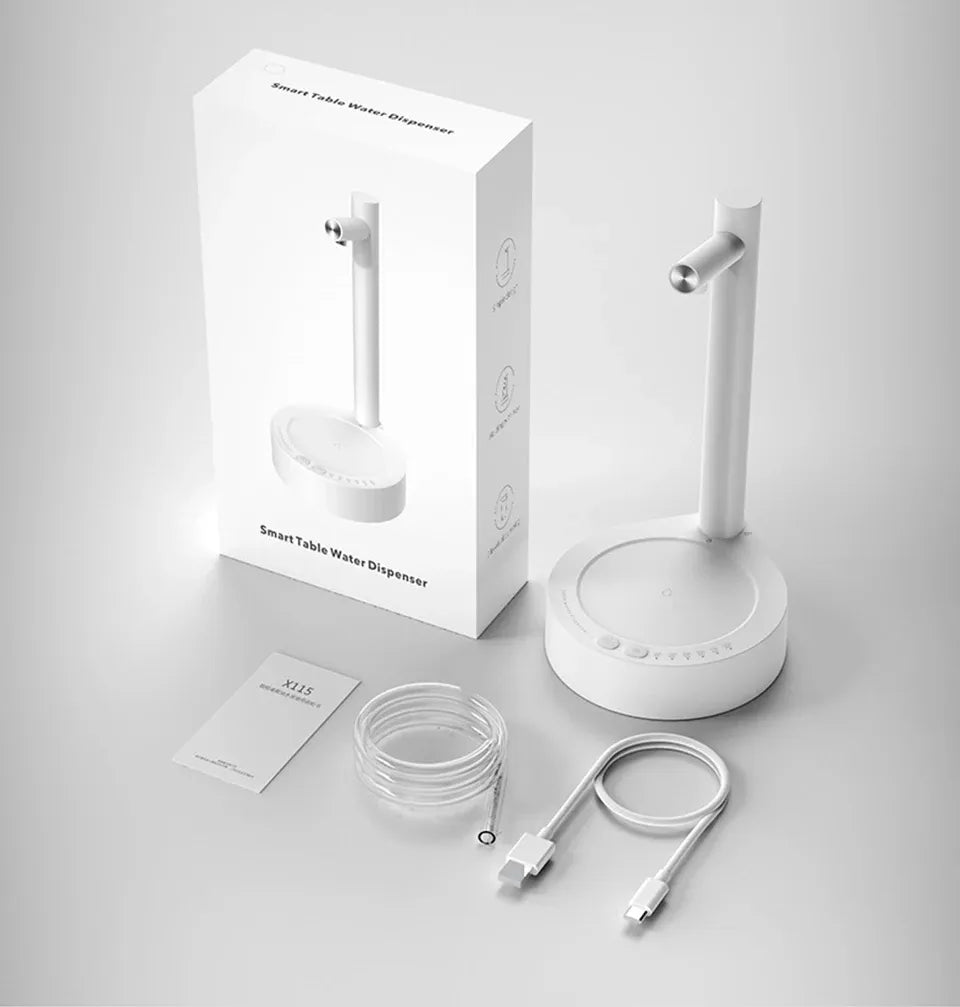 Weißer SmartTable Wasserspender, USB-Kabel, Schlauch, Verpackung, modernes Design.