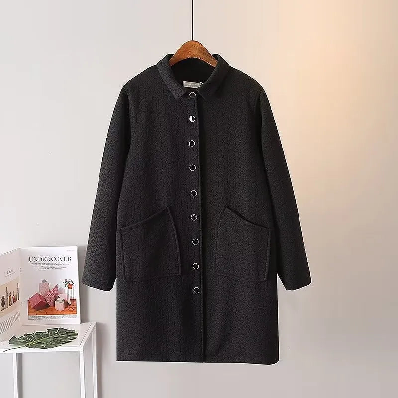 Schwarzer Wollmantel mit Knopfleiste, Taschen, elegantes Design, Damenmode, Herbst/Winter.